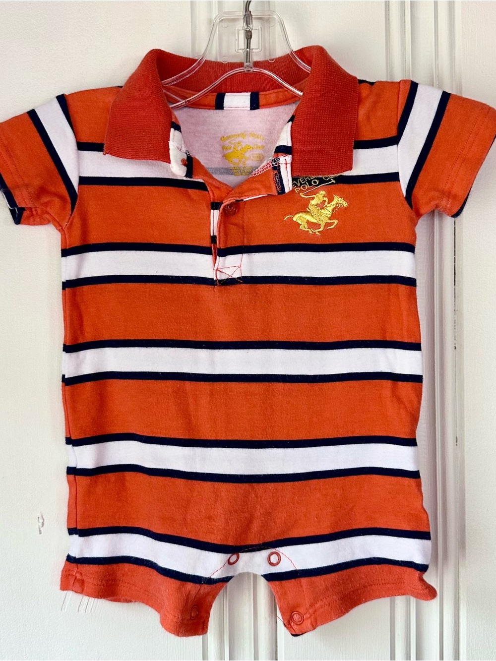 Beverly Hills Polo Club 3-6M Orange Navy & White Striped Polo Romper
